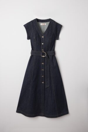Indigo V-Neck Belted Denim Dress with Metal Button