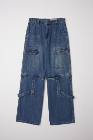 Utility Mid Blue Wash Loose High-Waist Cargo Denim Pants