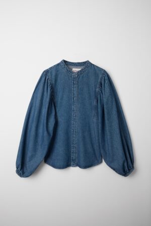 Round-Neck Puff Sleeve Denim Blouse