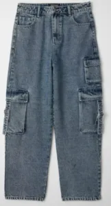 Old blue washed cargo wide-leg jeans with multiple utility pockets in 12.5oz 100% cotton denim