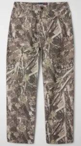 A pair of straight-leg camouflage pants in brown, gray, and green tones.