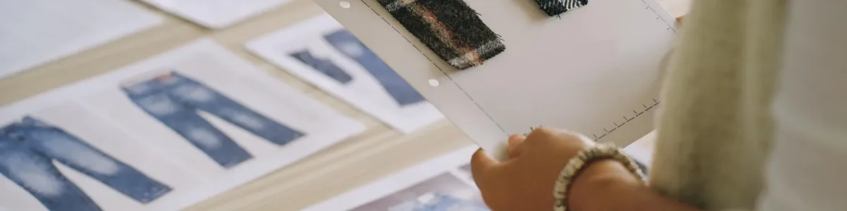 A designer reviewing a denim tech pack and matching fabric samples for custom jeans sample development.